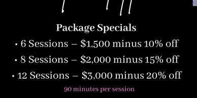 Text listing package specials with discounts for multiple sessions.