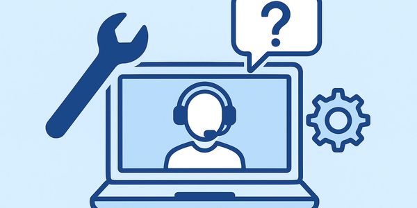 Technical support icon with headset, wrench, and gear symbols on a laptop.