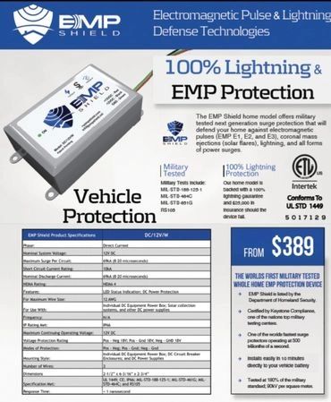 EMP Shield device offering 100% lightning and EMP protection for vehicles.
