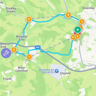 Map showing a circular cycling route with numbered waypoints near Wycombe Air Park.