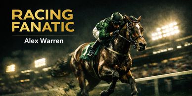 Jockey racing a horse at night under bright stadium lights.