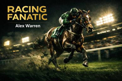 Jockey racing a horse at night under bright stadium lights.