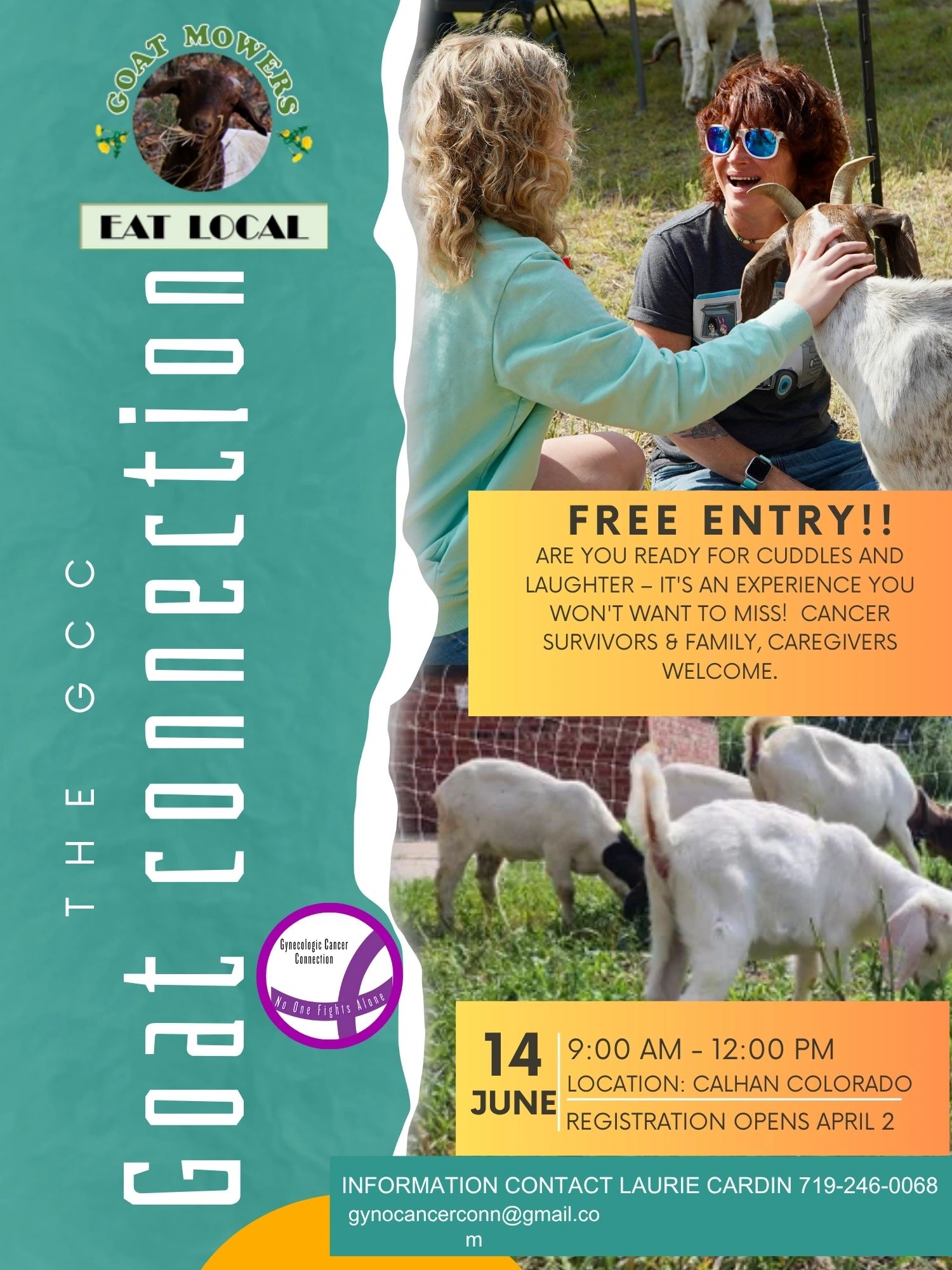 Free goat connection event with cuddles, laughter, and cancer survivor support in Calhan, Colorado on June 14.