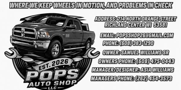 Logo and contact info for Pops Auto Shop, a vehicle repair service.