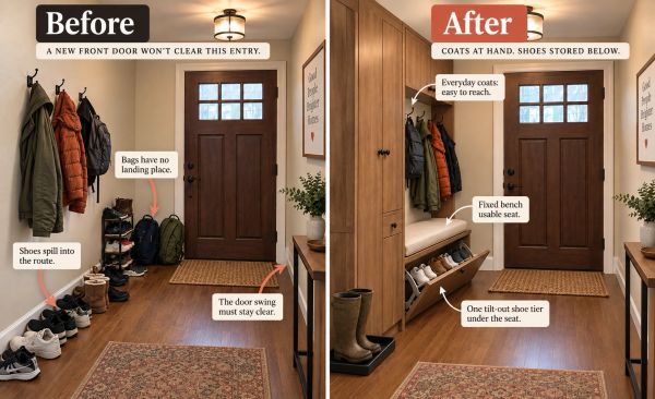 Entryway redesigned with bench and shoe storage.