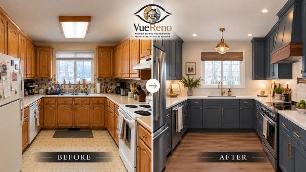 Kitchen renovation before and after comparison.