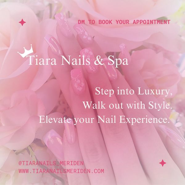 Elegant pink nail art advertisement for Tiara Nails & Spa promoting luxury nail experiences. Nail Salon in Meriden CT 