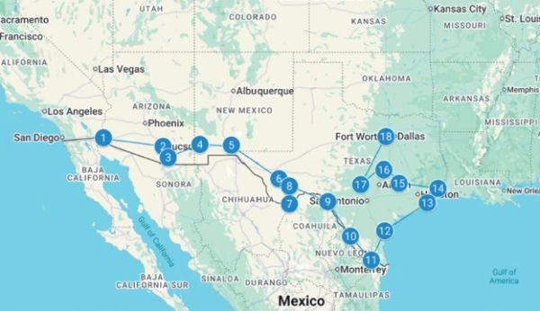 Map with numbered route from San Diego to Dallas.