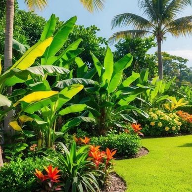Lush tropical garden with vibrant plants and palm trees under a clear sky.