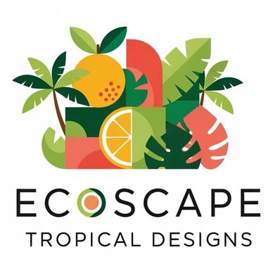 Colorful tropical logo with leaves and fruits for EcoScape Tropical Designs.