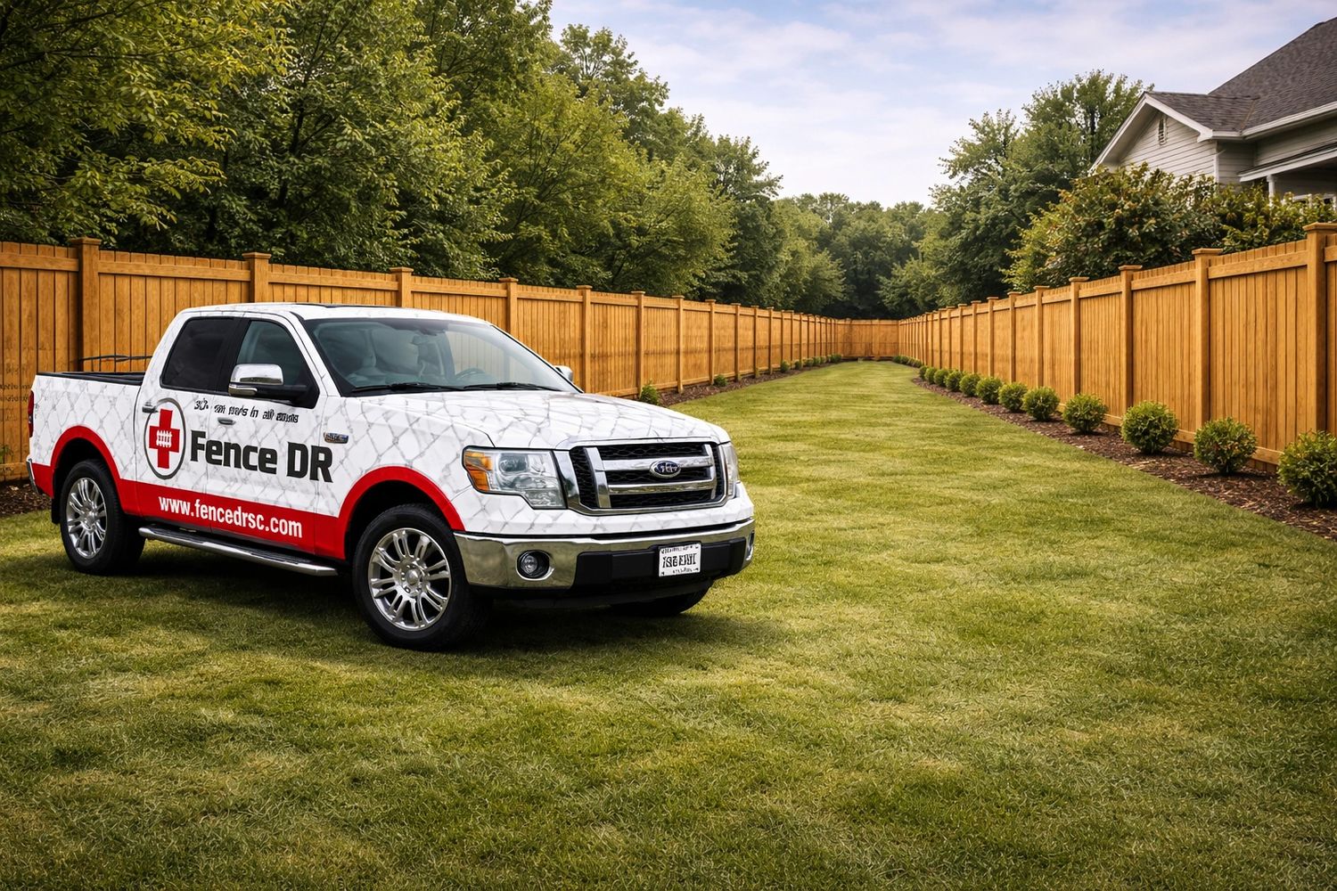 Fence DR truck parked on green lawn with wooden fences on both sides.