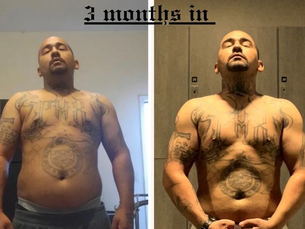 Three-month fitness transformation progress of a tattooed man.