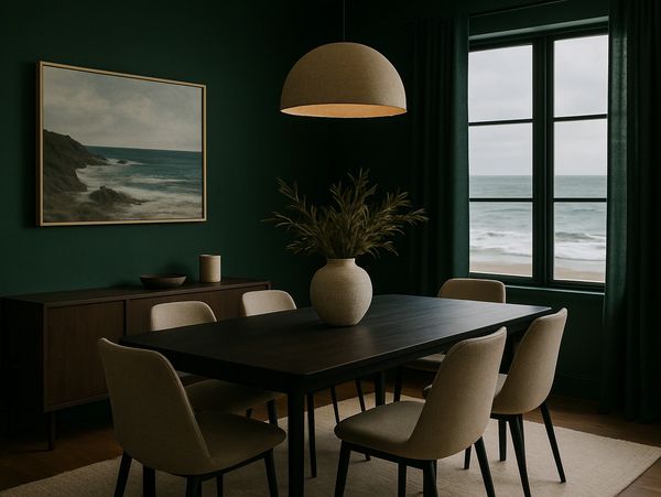 Elegant dining room with dark walls and ocean view through window.