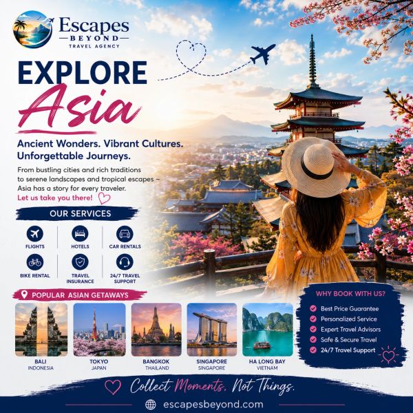 Travel agency ad promoting vibrant Asian getaways with flights, hotels, and support.