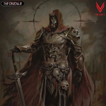 Dark armored warrior with skull motifs and a large sword, set in a grim fantasy world.