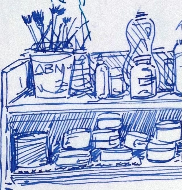 Blue pen drawing of an art shelf with brushes and paint cans.