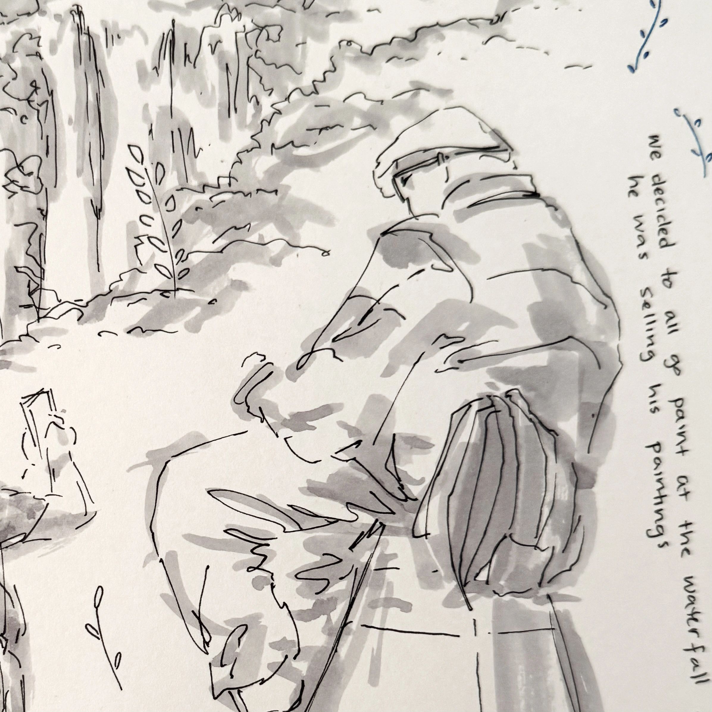 Sketch of a person cycling in a forested area.