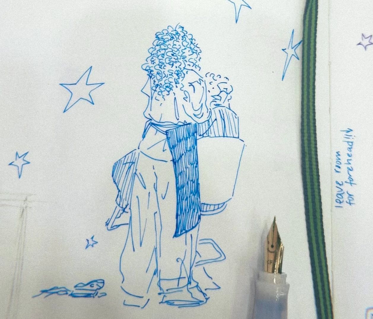 Blue pen drawing of a groomer drying a dog's fur surrounded by stars.