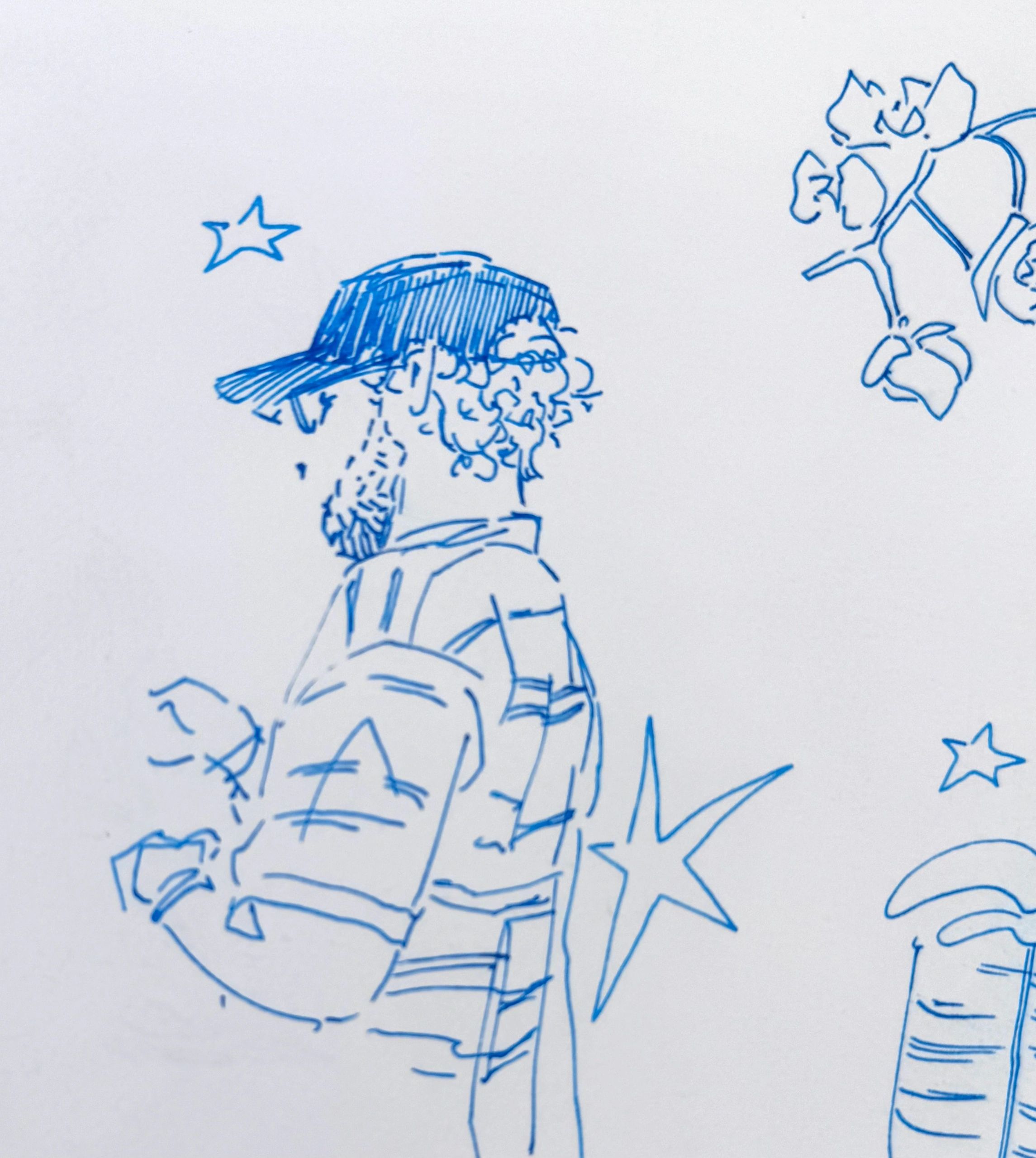 Blue sketch of a person wearing a cap and backpack.