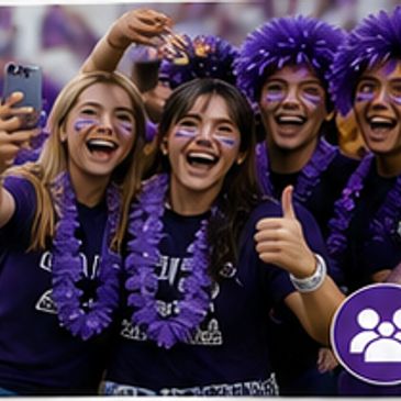 Group of friends smiling with purple face paint and accessories.