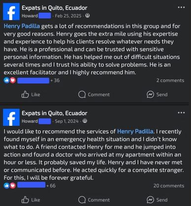 Positive recommendations for Henry Padilla in Quito, Ecuador expat group.