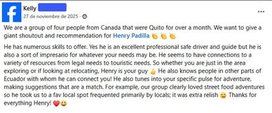 Positive Facebook recommendation for Henry Padilla as a guide and driver in Quito.