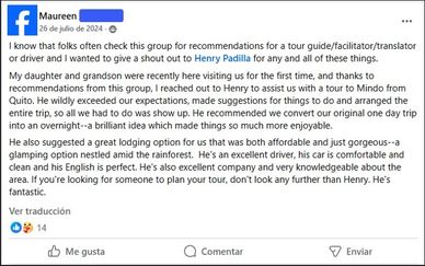 Positive Facebook recommendation for Henry Padilla as a tour guide and driver.