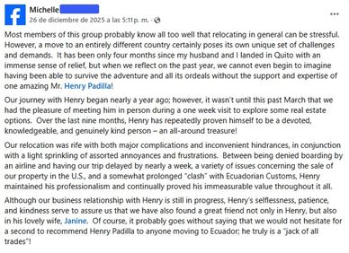 A heartfelt Facebook post praising Henry Padilla's support during a challenging international relocation to Quito.