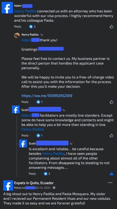 Positive Facebook testimonials praising Henry Padilla and Paola for visa assistance and reliability.