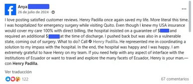 Facebook post praising Henry Padilla for helping with emergency surgery billing issues in Ecuador.