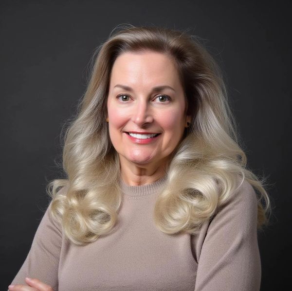 Smiling woman with blonde curled hair and a beige sweater against a dark background.
