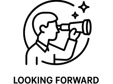 Person looking through a telescope with stars, symbolizing looking forward.