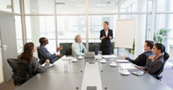 Businesswoman presenting to colleagues in a modern conference room.