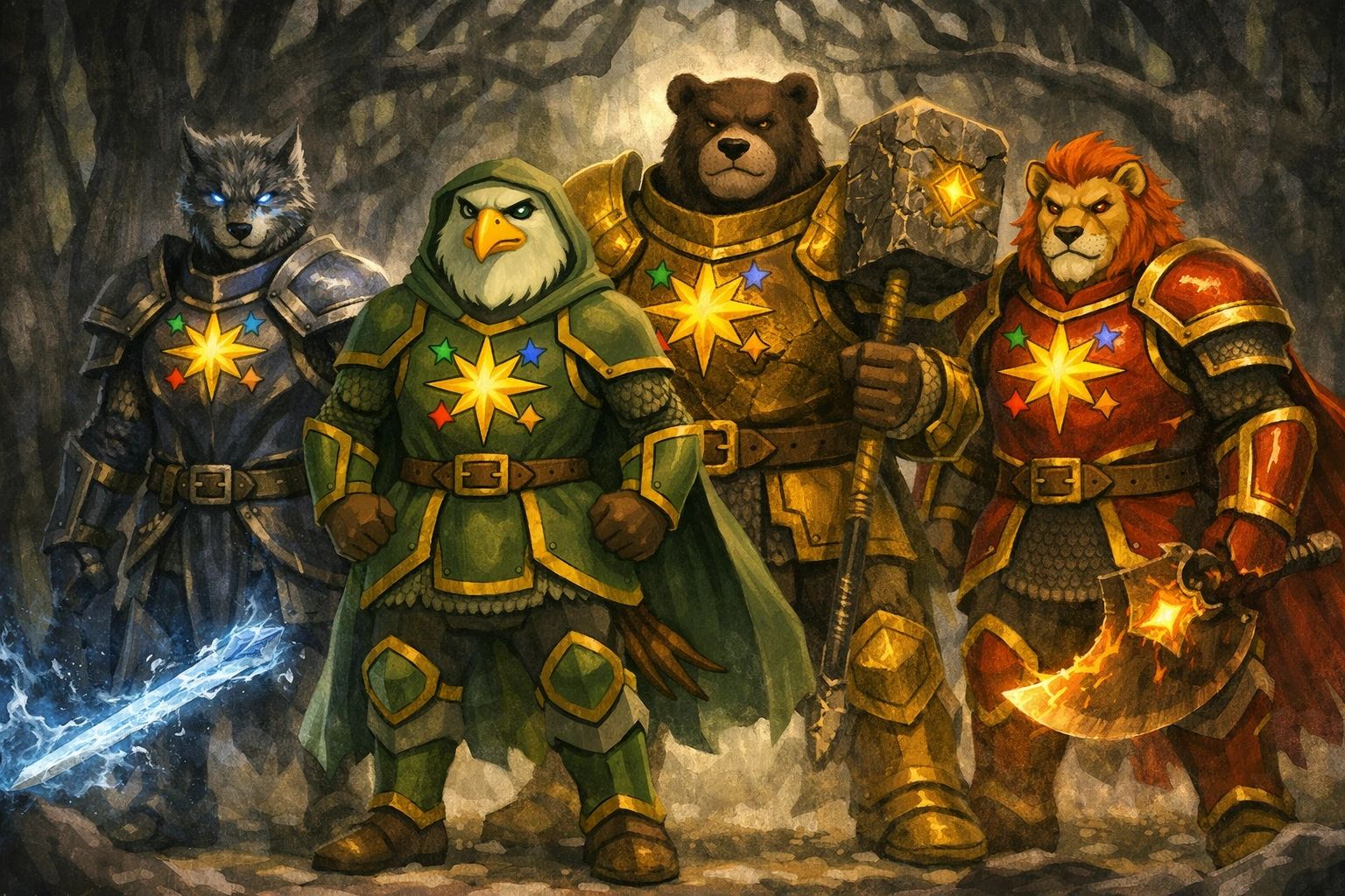 Anthropomorphic animal knights in colorful armor ready for battle in a dark forest.