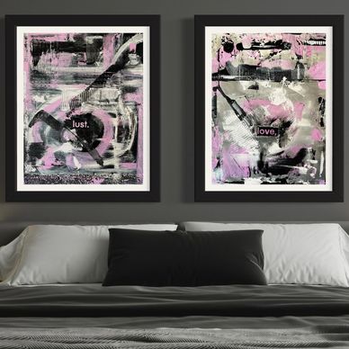 Two abstract paintings, one titled lust, the other is titled love. Pink, grey and black contrast.