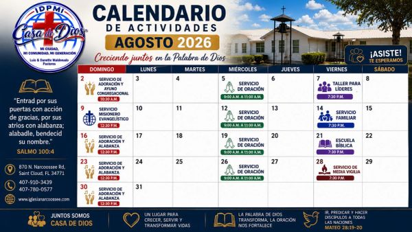 Calendario de actividades religiosas para agosto 2026 en Casa de Dios.