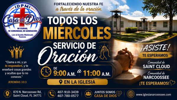 Anuncio de servicio de oración los miércoles en Casa de Dios.
