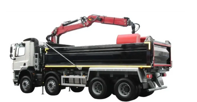 A white dump truck with a red hydraulic crane attachment on top.