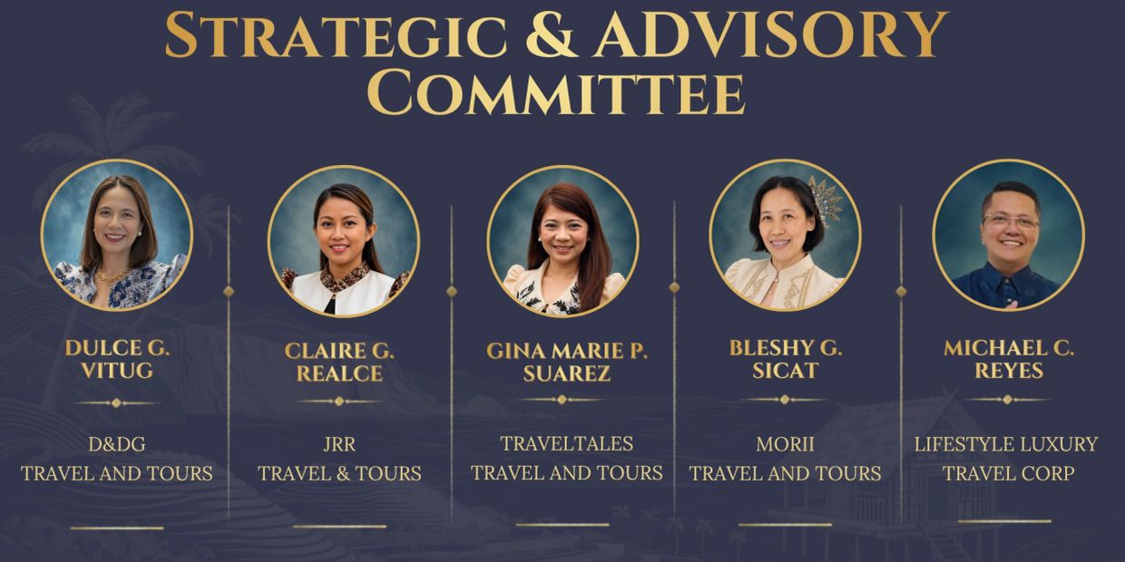 Photos and names of 5 members of a Strategic &amp; Advisory Committee for travel and tours.