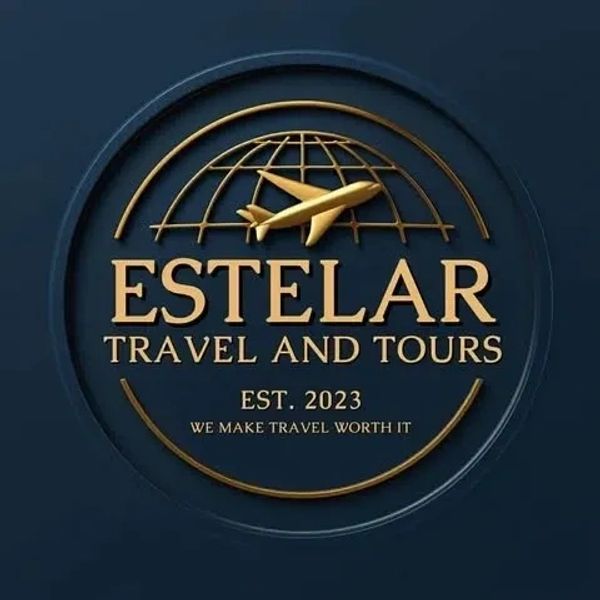 Elegant gold and navy logo for Estelar Travel and Tours with airplane and globe design.