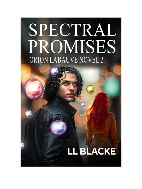 Book cover of 'Spectral Promises', featuring a man and a woman with glowing orbs around them.