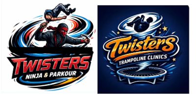Two logos for Twisters featuring ninja parkour and trampoline clinics.