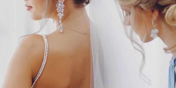 Elegant bridal back view with diamond necklace and veil. Perfect skin glow achieved with MichelSkin facials and body treatments for special occasions.