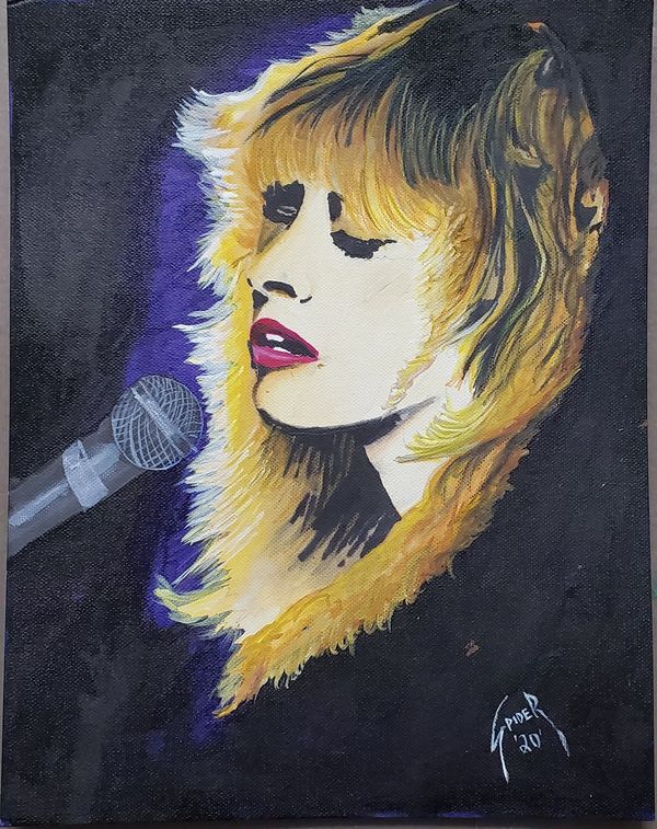 Painting of a woman singing into a microphone with blonde hair and red lips.