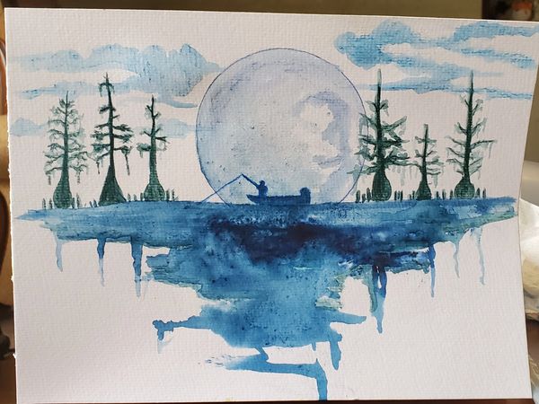 Watercolor painting of a person fishing on a lake with trees and a large moon.