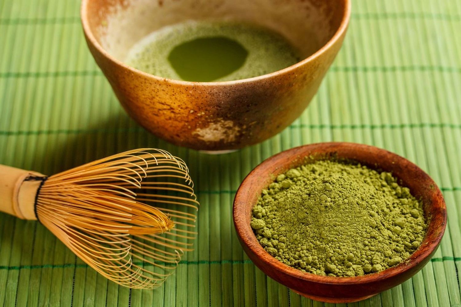 Traditional matcha tea setup with bowl, whisk, and powdered green tea.