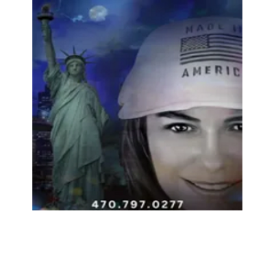 Statue of Liberty and smiling woman wearing a "Made in America" hat at night.