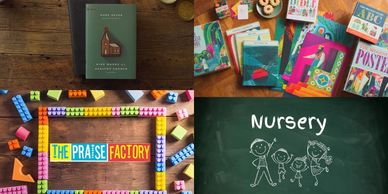 Collage of books, toys, and nursery drawings celebrating learning and creativity.