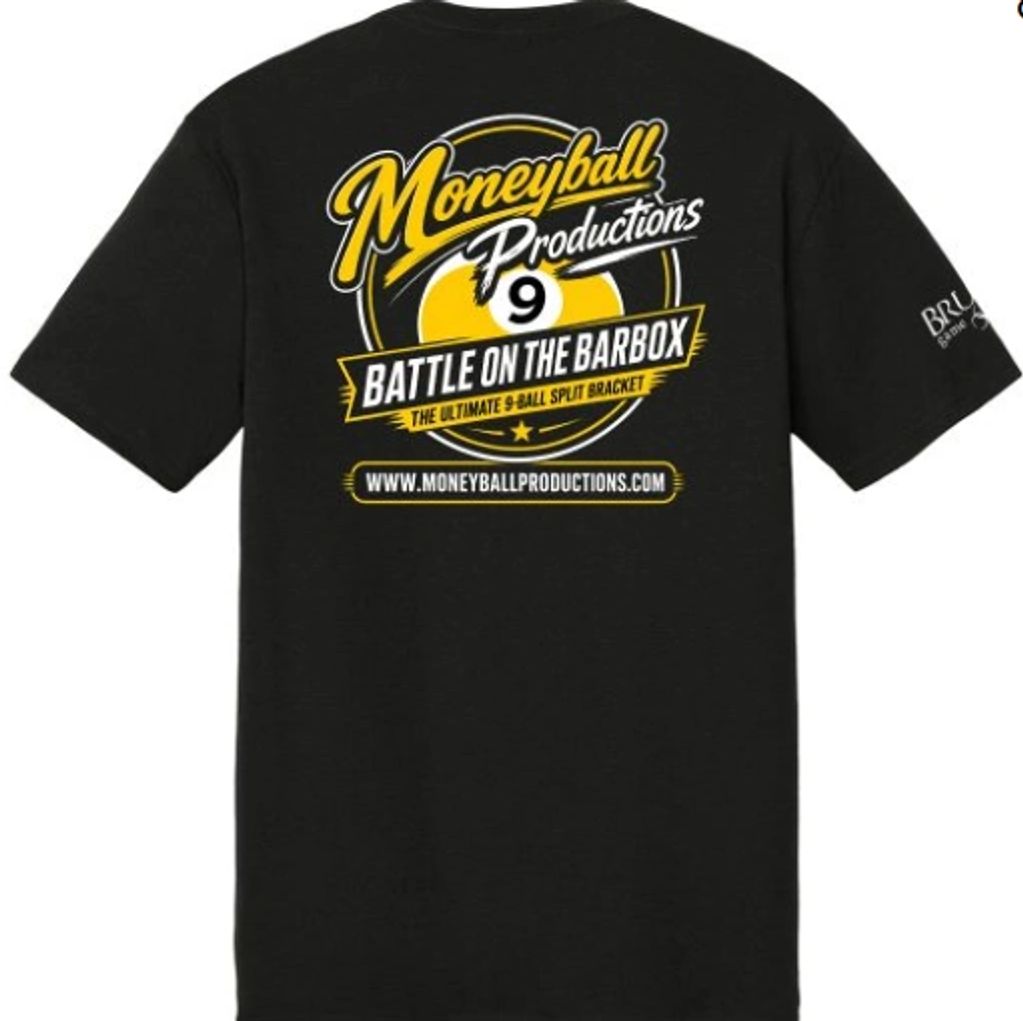 Black T-shirt with Moneyball Productions logo and event details.