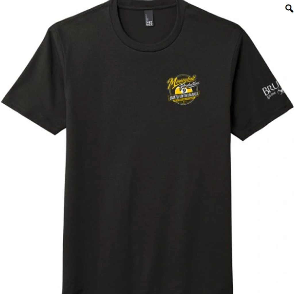 Black moneyball-themed t-shirt with small front logo.